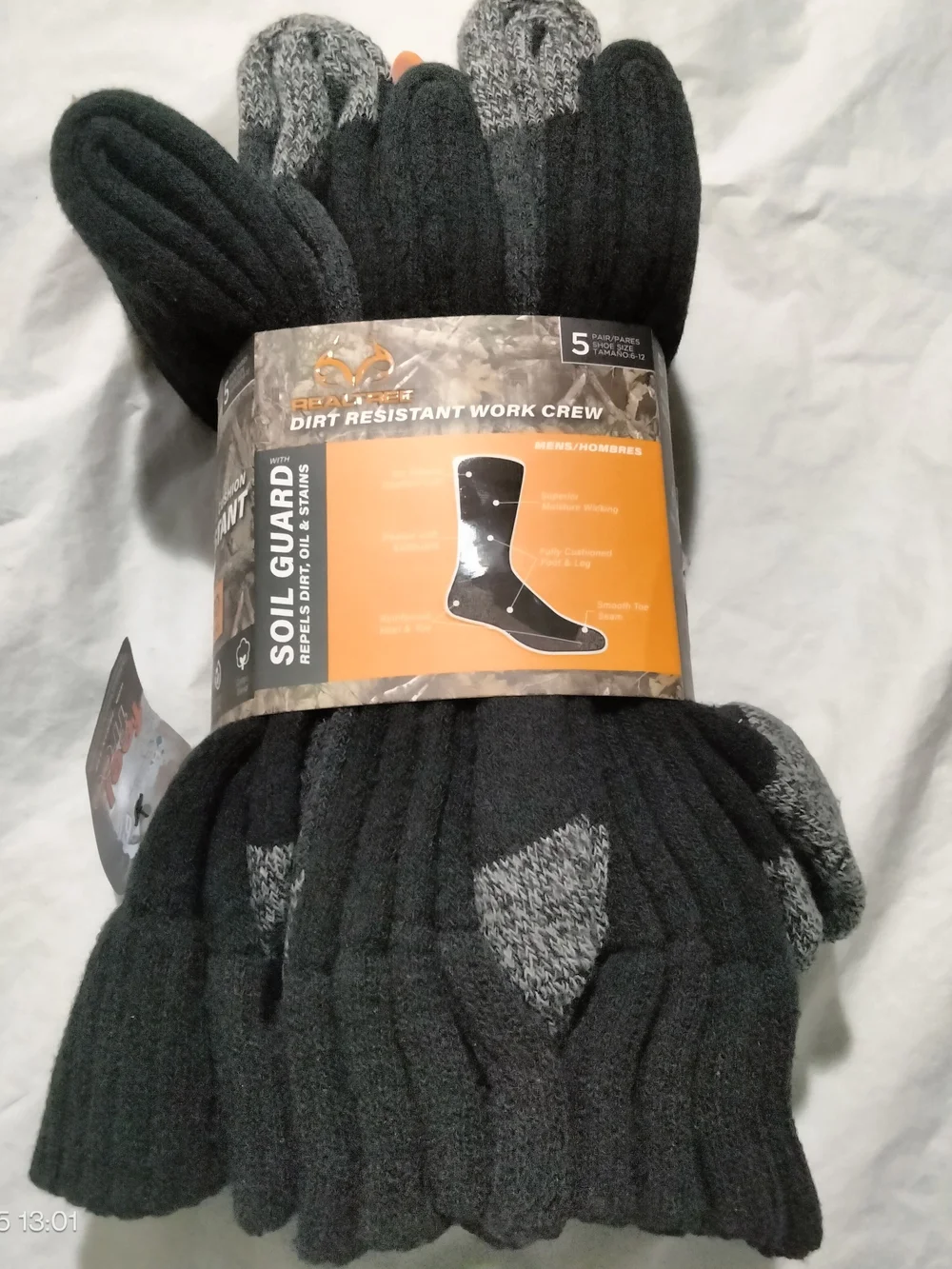 Realtree Men's Dirt Resistant Work Crew Socks 5 Pairs Size 6-12 Soil Guard New